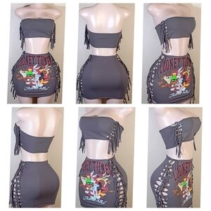 Warner Bros. Charcoal Gray Looney Tunes Fringe Lace-Up Mini Skirt Set